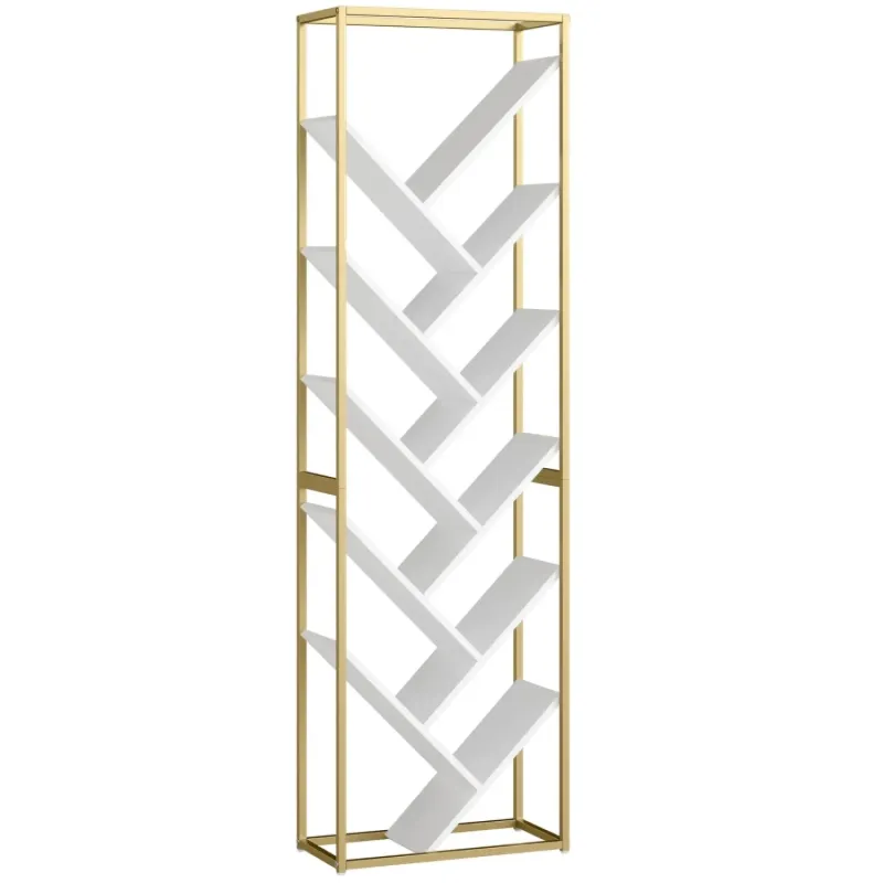  10-Tier Tree Bookshelf, 170cm Slim Tall Modern Bookcase - Gold and White