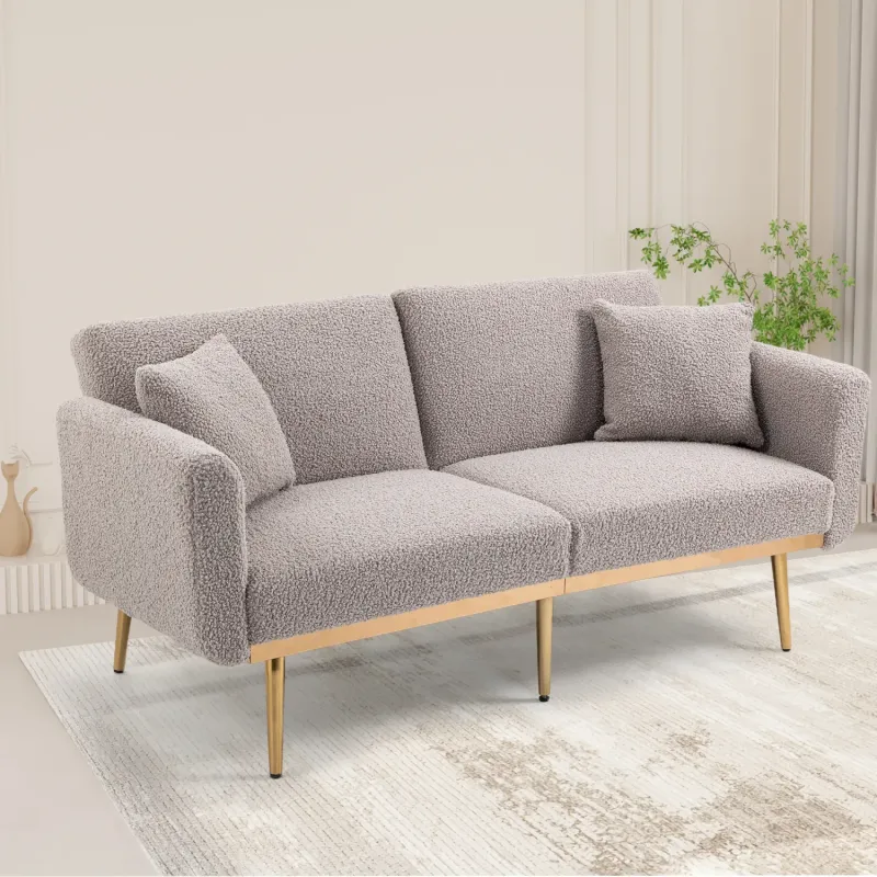 2-Seater Teddy Fabric Sofa Bed with 3-Position Recline and Gold Legs