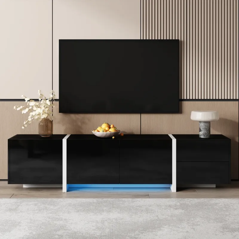 High Gloss TV Stand, 170cm, in Black with White Legs, with LED Lighting and 5 Storage Compartments