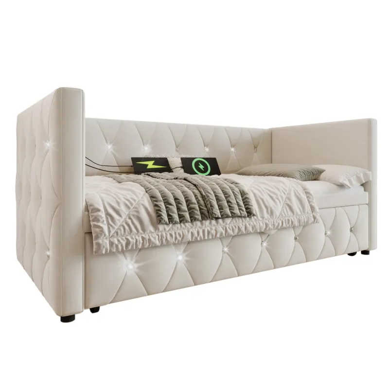 Luxury Velvet Single Daybed with Pull-Out Trundle and USB Charging