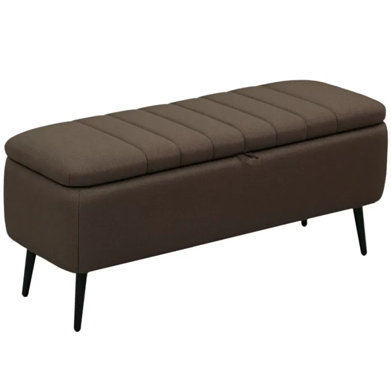 Linen-Look Storage Ottoman Bench with Steel Legs - Dark Brown