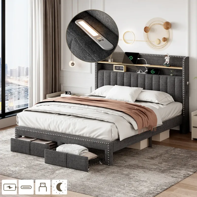 Linen Upholstered Bed, Double, in Grey, with Storage Drawers and USB Charging