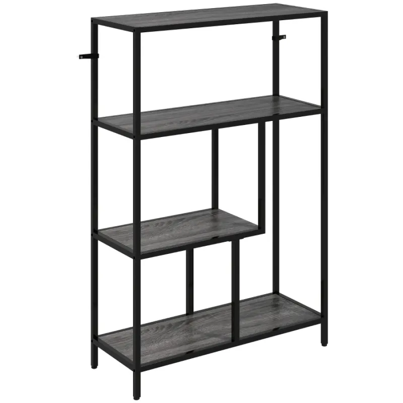 4-Tier Industrial Bookshelf with Offset Shelves – Charcoal Grey & Black Metal