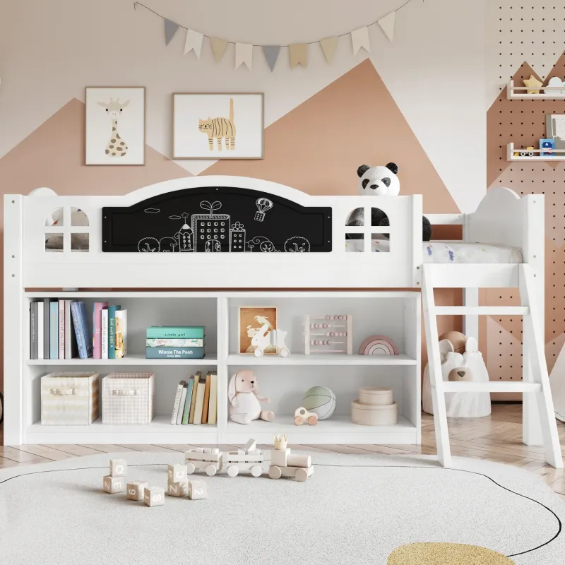 Kids' White Wooden Single Storage Bed with Blackboard and Built-in Stairs