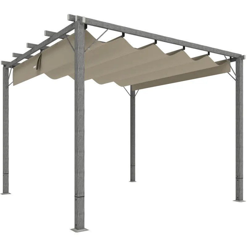  3m x 3m Wood-Effect Aluminium Pergola with Retractable Canopy - Grey
