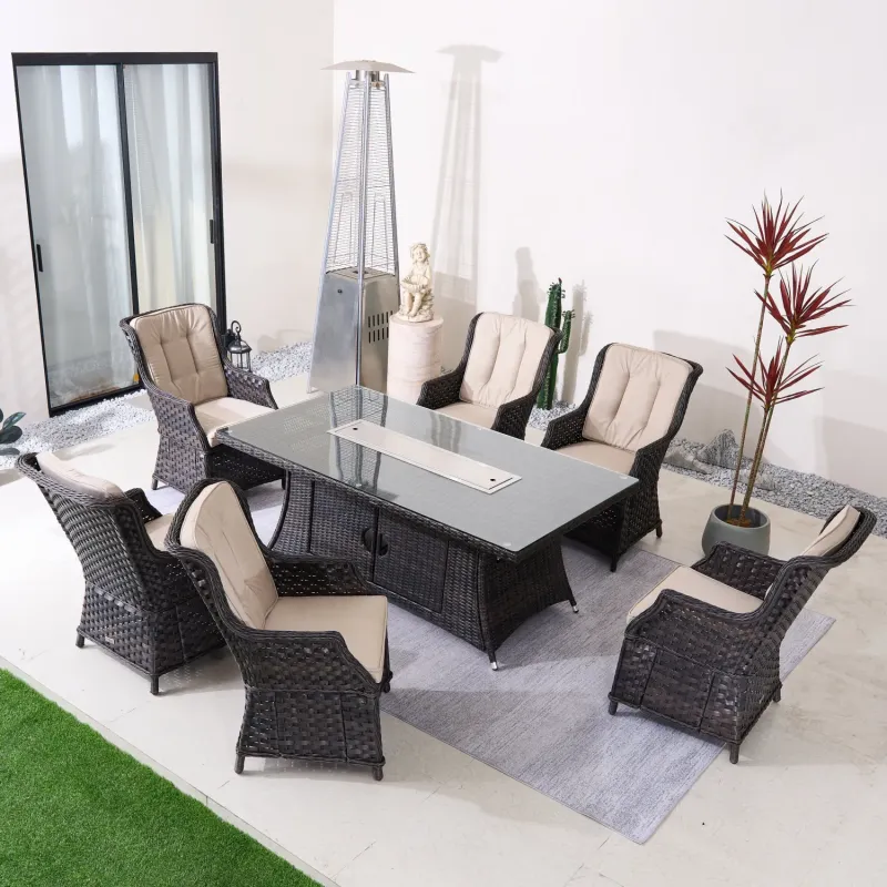 6-Seater Rattan Fire Pit Dining Set with Rectangular Glass Table