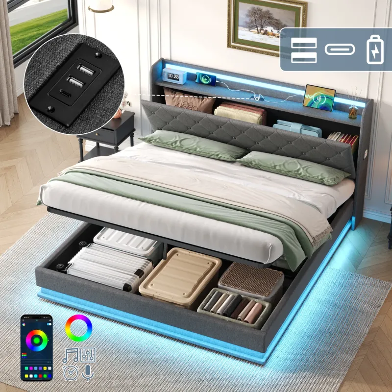 Linen Upholstered Storage Bed, Double, in Grey, with LED Headboard & Charging Station