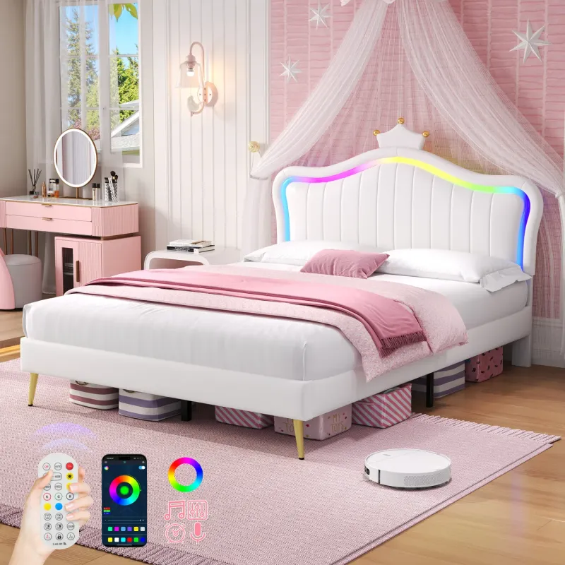 Upholstered PU Leather Bed, Double, in Cream White, with LED Crown Headboard