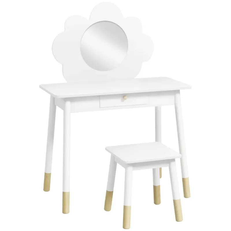 Kids White Dressing Table & Stool Set with Cloud Mirror and Drawer