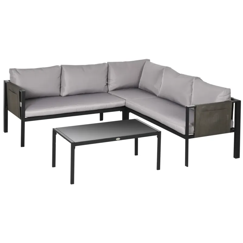  5 Seater Garden Corner Sofa Set with Metal Frame and Glass Coffee Table - Light Grey