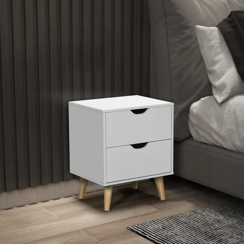 White 2-Drawer Bedside Table with Solid Pine Wood Legs