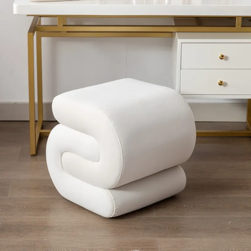 Ivory White Velvet S-Shaped Ottoman Stool
