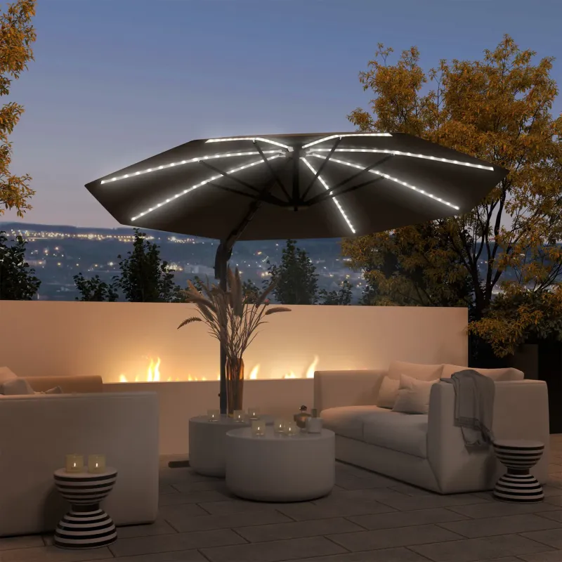  3m Solar Powered Cantilever Garden Parasol with LED Lights, 360° Rotation & Tilt - Dark Grey