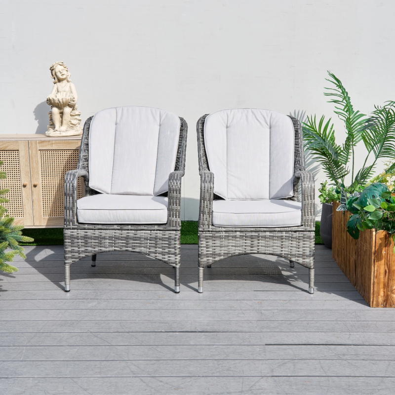 Saint-Malo Set of 2 Grey Rattan Garden Dining Armchairs with Cushions