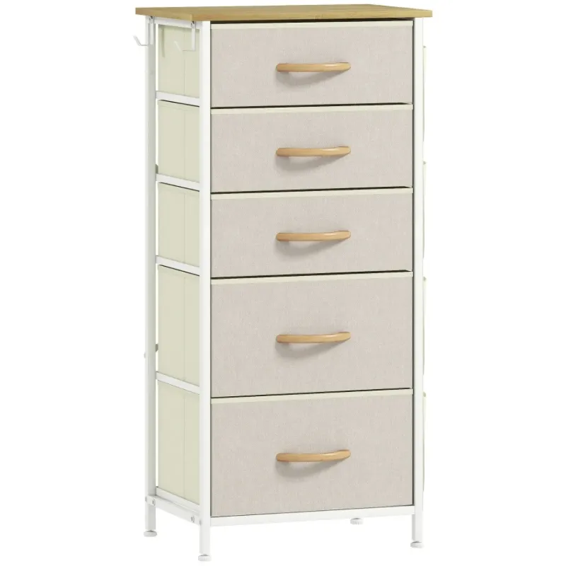 5-Drawer Fabric Chest of Drawers with Side Pockets - Beige