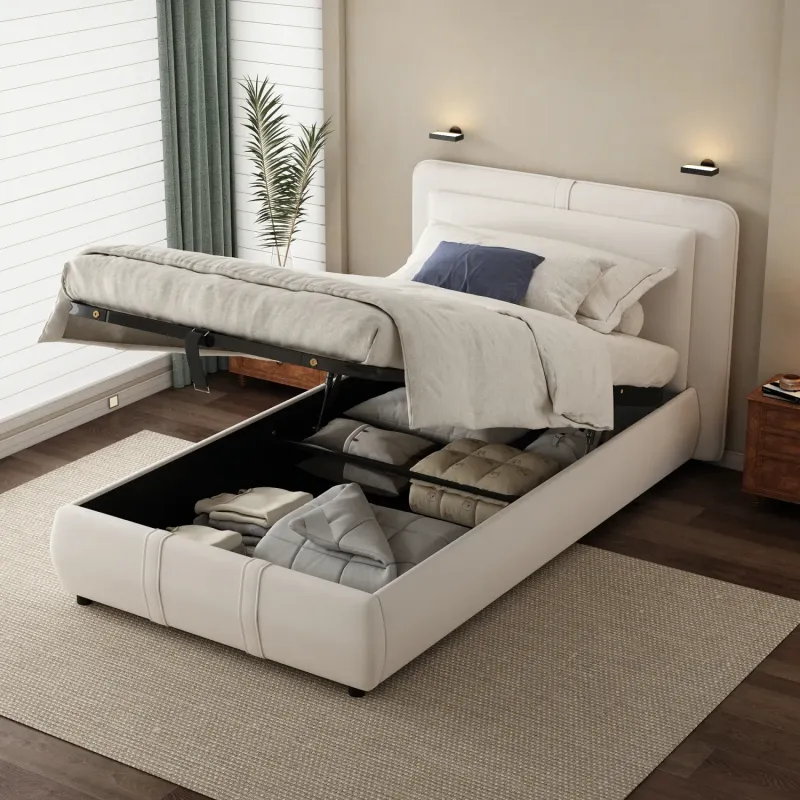 Beige Velvet Single Ottoman Bed with Hydraulic Storage and Removable Headboard