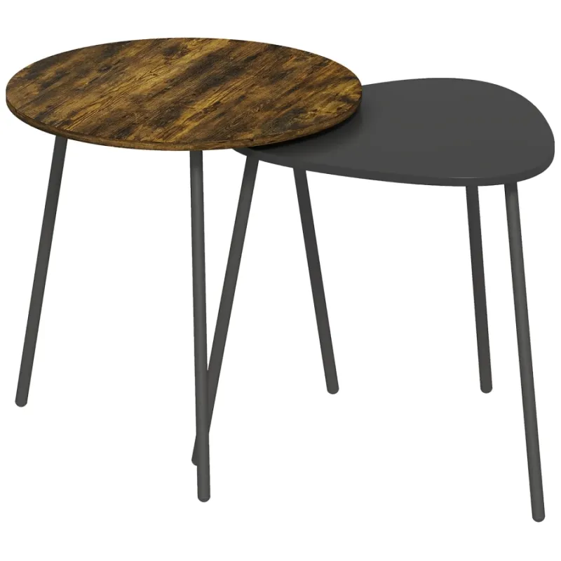  Set of 2 Nesting Side Tables - Industrial Round and Triangle End Tables - Rustic Brown