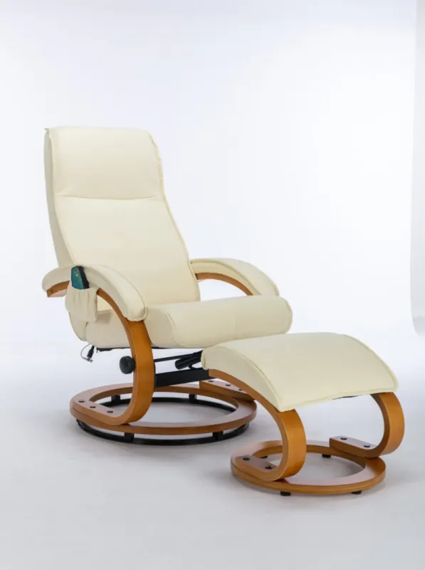 Beige PU Leather Swivel Massage Recliner Chair with Ottoman and Bentwood Base