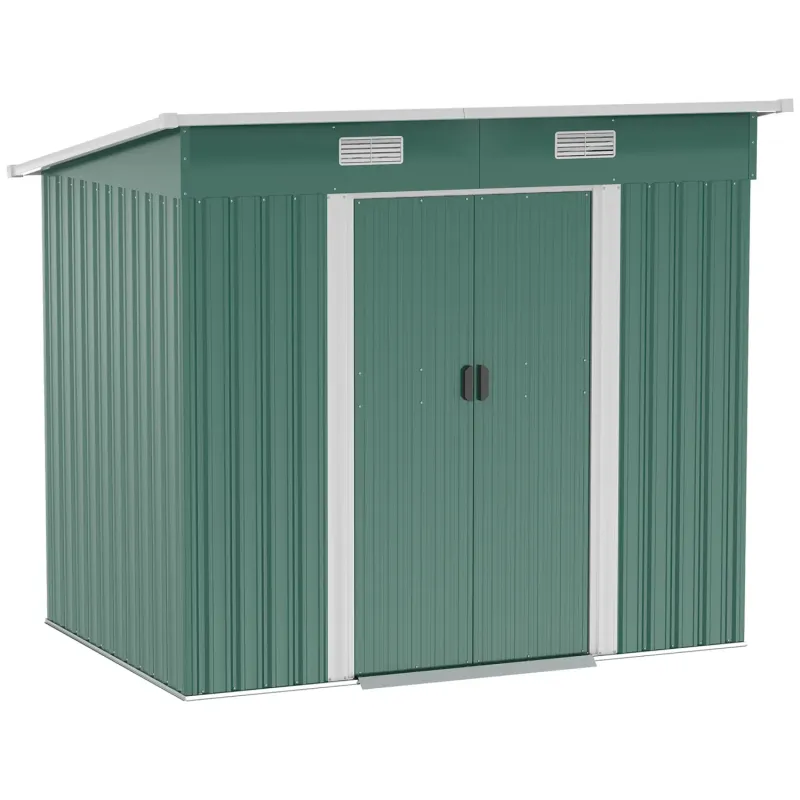  7 x 4ft Lean-To Metal Garden Shed with Foundation Kit - Green