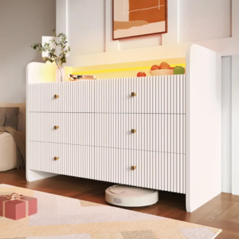 White Fluted 6-Drawer Sideboard with RGB LED Lighting