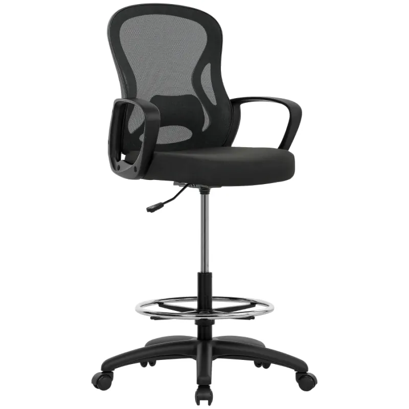 Ergonomic Mesh Drafting Chair with Adjustable Footrest and Lumbar Support - Black