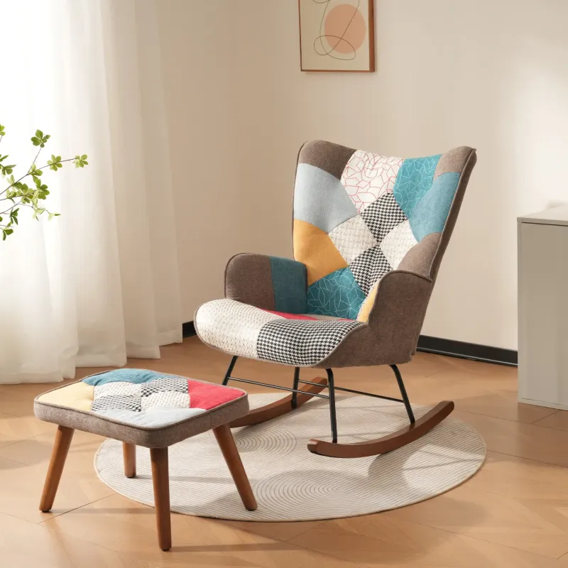 Patchwork Rocking Chair and Matching Footstool - Vibrant Multi-Coloured Armchair