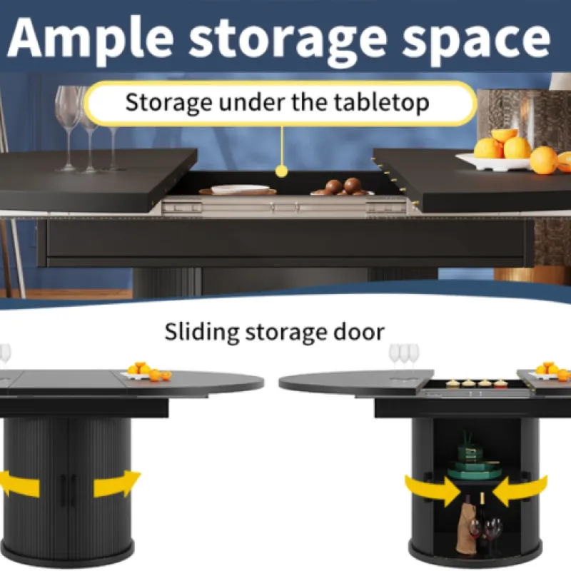 Round Extendable Dining Table with Pedestal Storage - Walnut and Black, 118-158cm