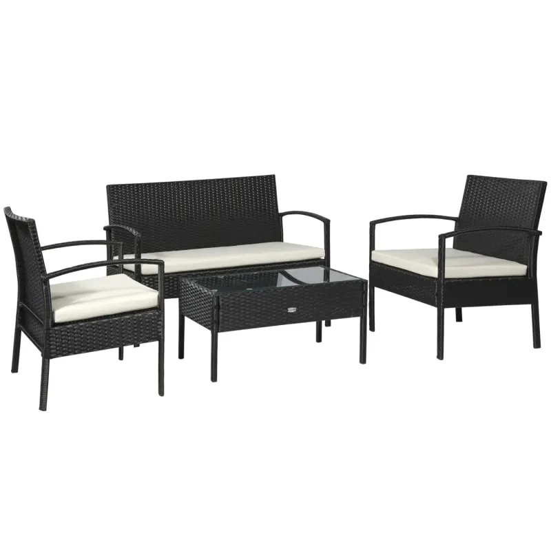  4 Piece Rattan Garden Furniture Set - 4 Seater Sofa, Armchairs & Glass Coffee Table - Black