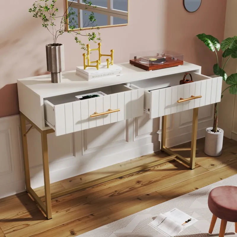 White 2-Drawer Dressing Table with Ridged Fronts and Gold Handles