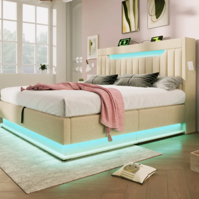 Super King 6ft Upholstered Ottoman Bed with LED Lighting, USB-C Charging and Storage Headboard - Beige Linen