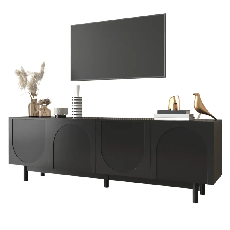 175cm Modern Black TV Unit - 4-Door Textured Lowboard with Push-to-Open Storage