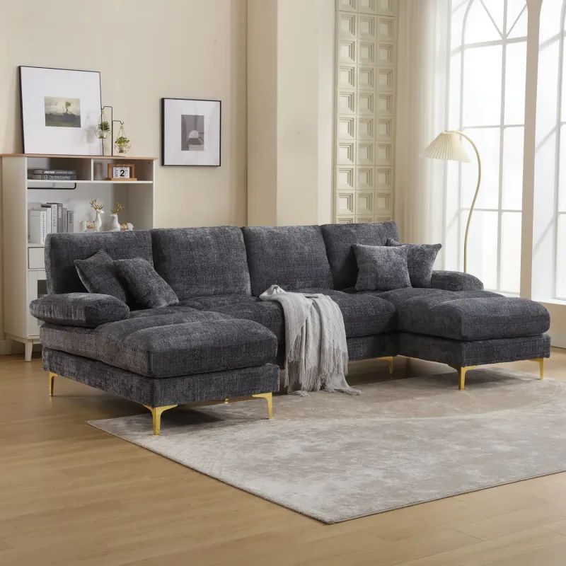 4-Seater U-Shaped Sectional Sofa with Double Chaise in Chenille Fabric