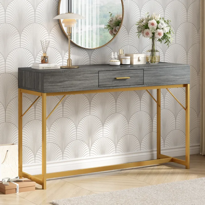 120cm Grey and Gold Console Table with Drawer - Hallway Side Table