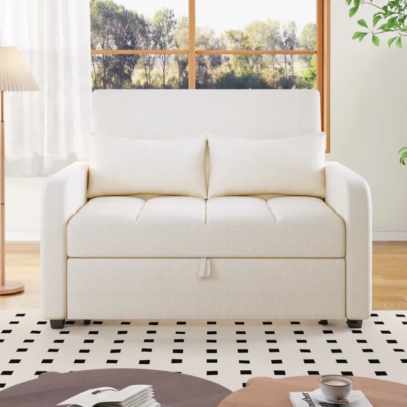 Linen Fabric 2-Seater Sofa Bed, 127cm, in Off White with Pull-Out Bed and Adjustable Backrest