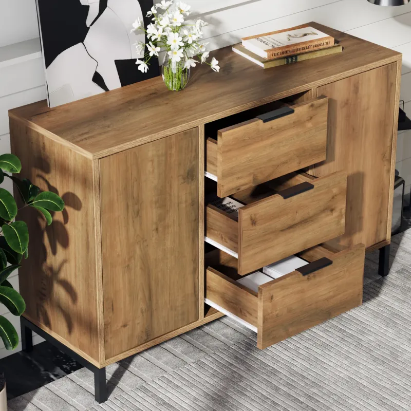 120cm Dark Oak Sideboard with 3 Drawers and 2 Doors - Industrial Metal Frame