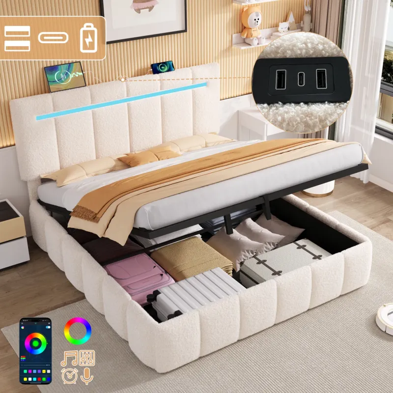 King Beige Boucle Ottoman Bed with LED Headboard and USB Charging