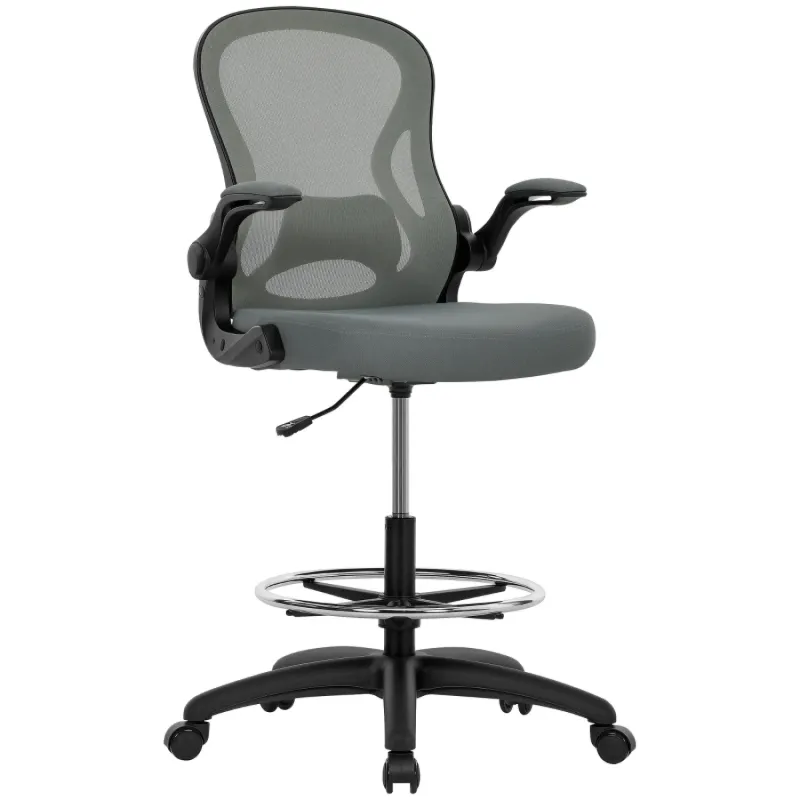 Ergonomic Mesh Draughtsman Chair with Flip-Up Armrests and Adjustable Foot Ring - Charcoal Grey