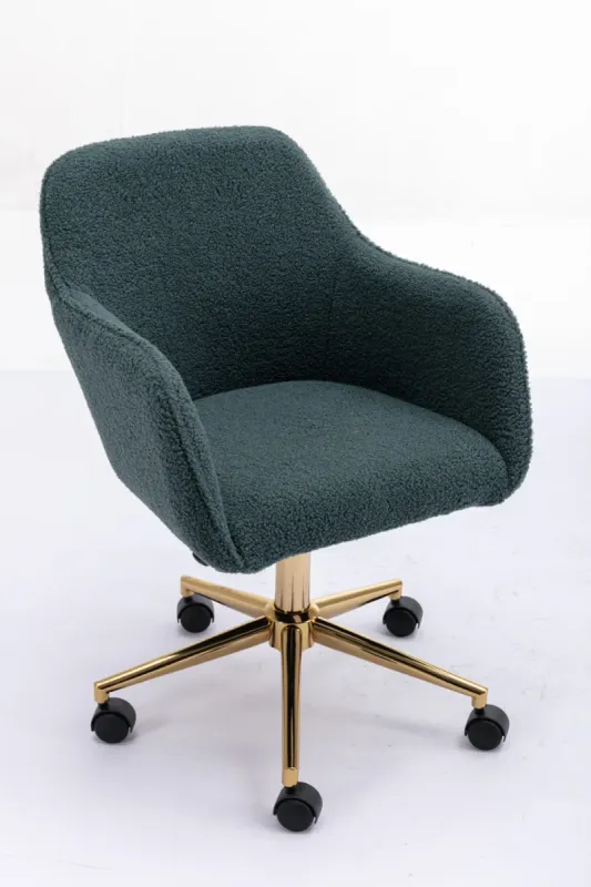Green Teddy Fabric Swivel Office Chair with Gold Legs and Adjustable Height