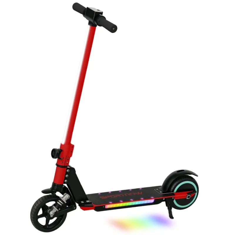 Kids' Folding Red Electric Scooter with Front Suspension and LED Lights