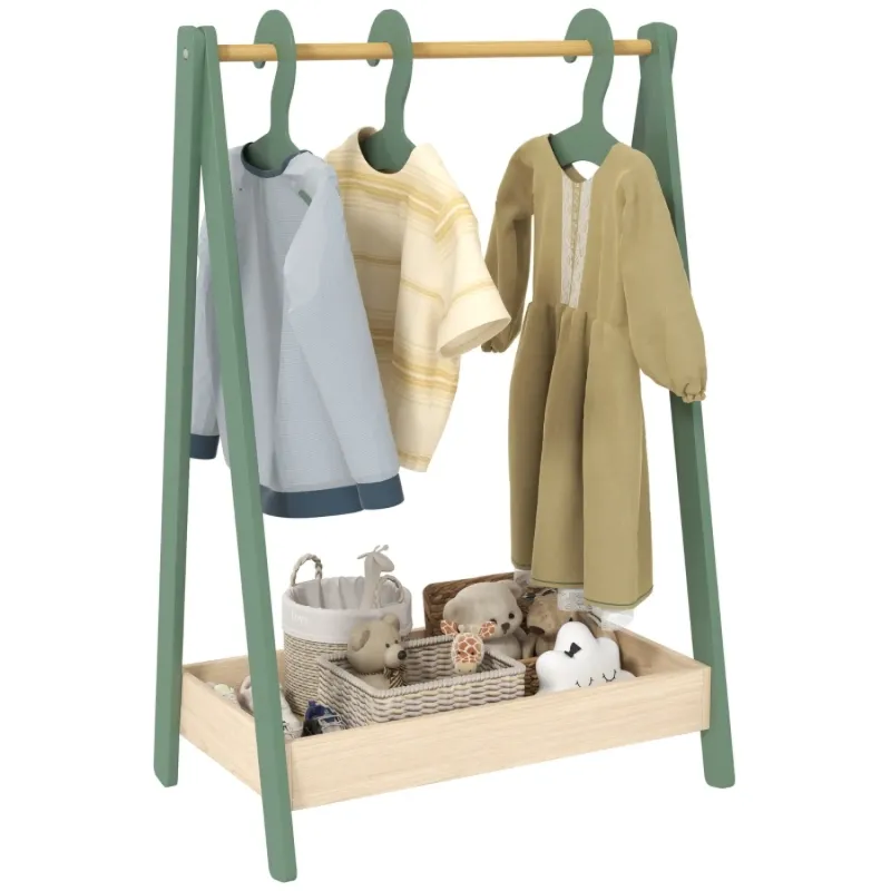 Children's Free-Standing Clothes Rail with 3 Hangers & Storage Shelf - Green