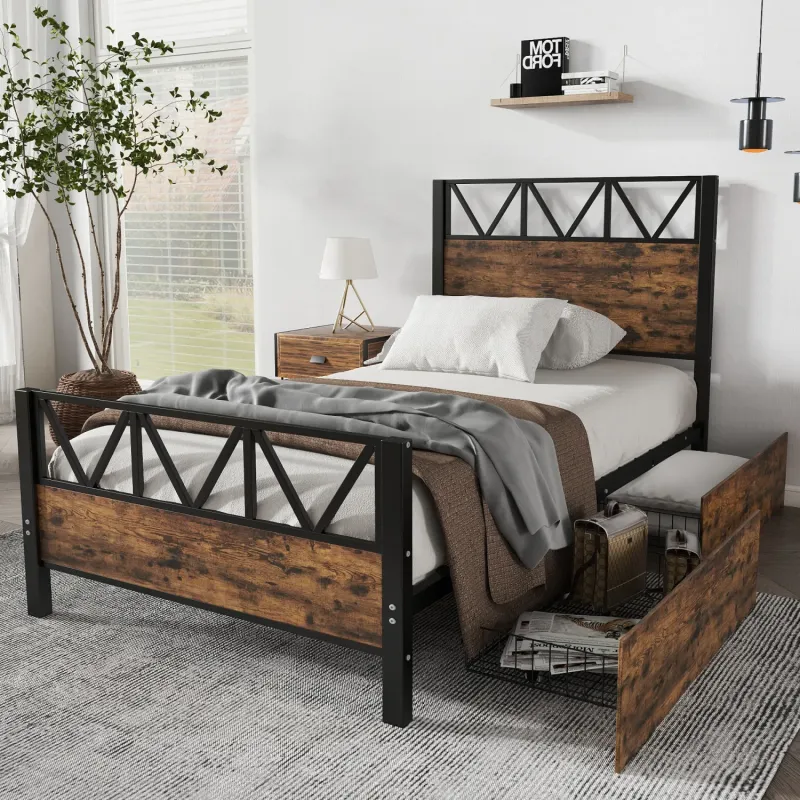 3FT Single Metal Bed with 2 Underbed Storage Drawers - Black and Wood Effect