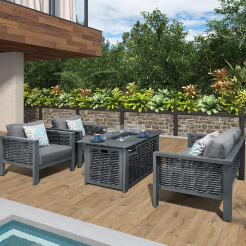 Dallas 4 Seater Rattan Garden Fire Pit Sofa Set with Rectangular Table - Dim Grey