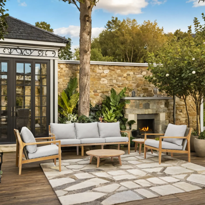 Solara 5-Seater Solid Wood Garden Lounge Set with Taupe Rope - Grey