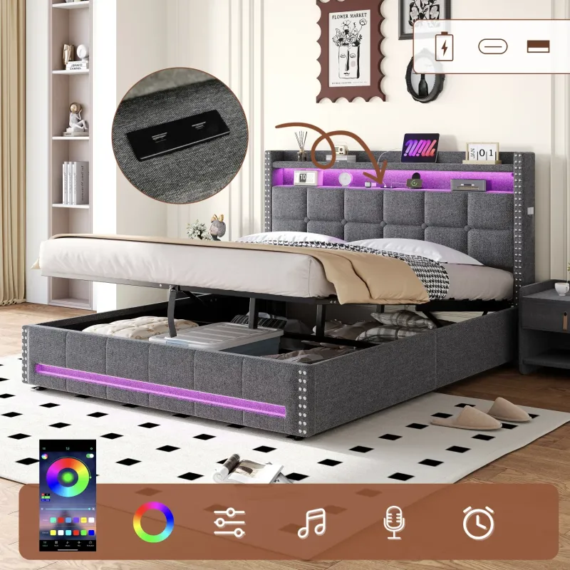 King Size Upholstered Ottoman Storage Bed with LED Headboard and Charging Station - Grey