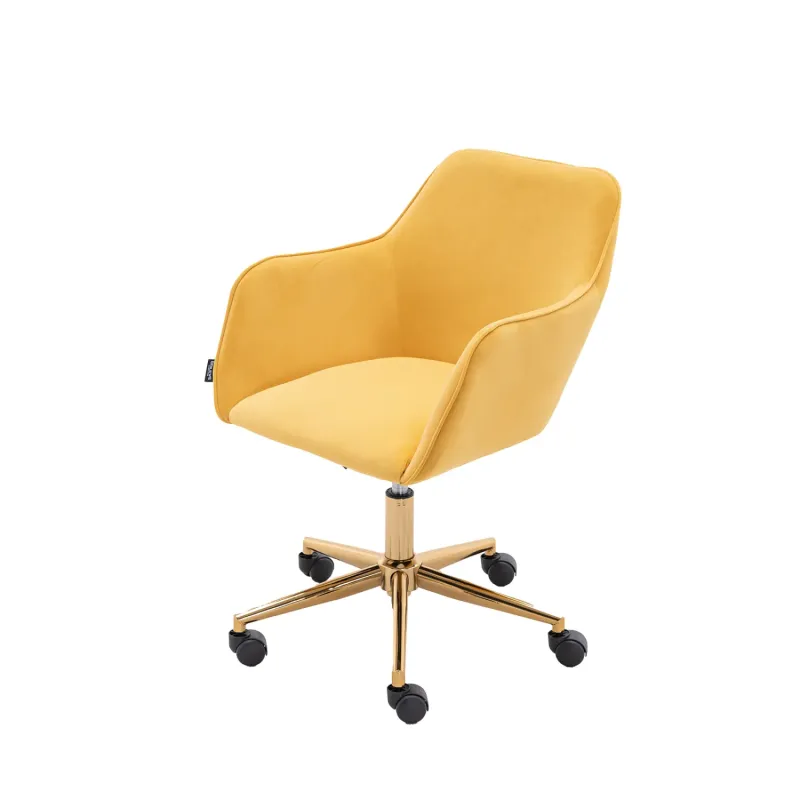Yellow Velvet Swivel Home Office Chair with Adjustable Height and Gold Legs