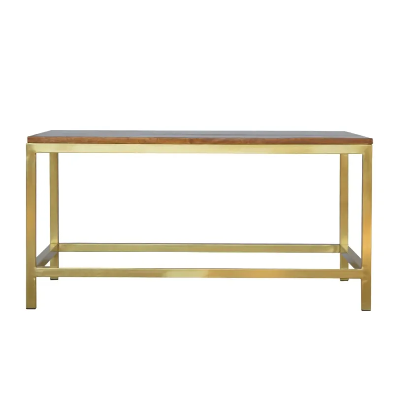 Solid Wood Rectangular Coffee Table in Dark Brown and Gold Brass