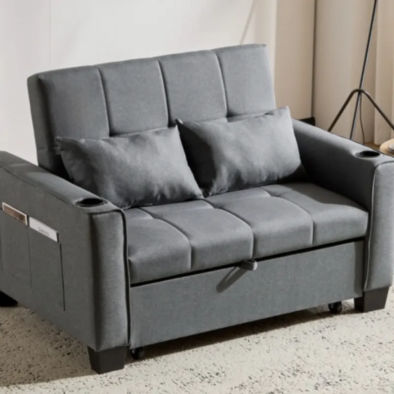 2-Seater Pull-Out Fabric Sofa Bed with Cup Holders and Side Storage - Grey