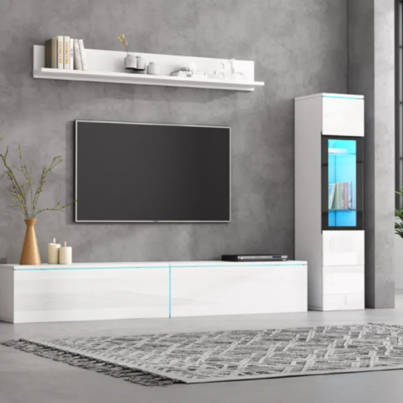 High Gloss TV Wall Unit, 180cm, in White, with App-Controlled LED Lights