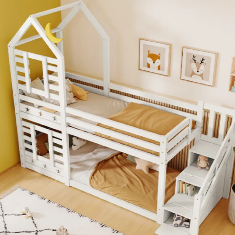White Solid Pine House Bunk Bed with Storage Staircase and Underbed Drawers