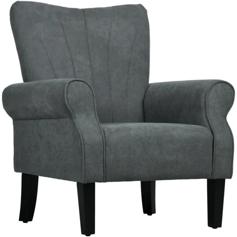 Grey Linen-Look Wingback Armchair with Rolled Arms and Wooden Legs